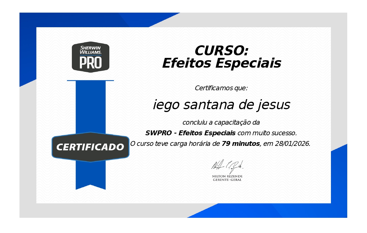 Certificado Efeitos Especiais Sherwin-Williams PRO - Iego Santana Pintor Peruíbe